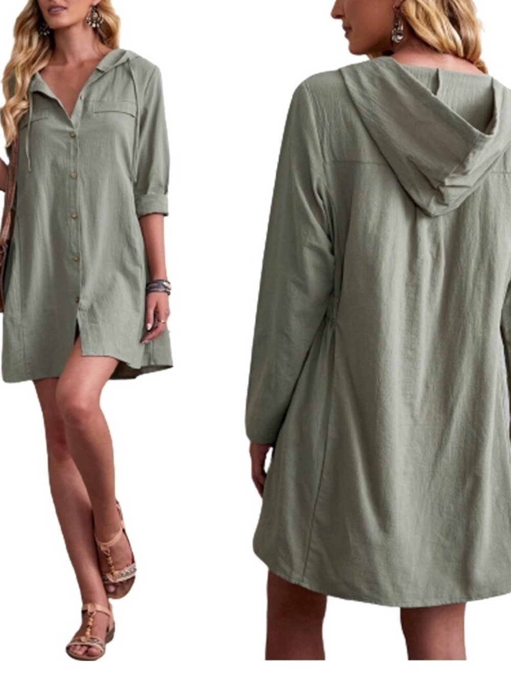 Emily Rose Shein Linen Blend Drawstring Jacket Tunic dress Army Green